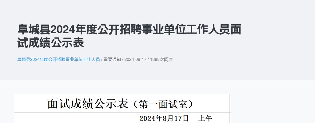 2024衡水阜城县招聘事业单位工作人员面试成绩公示表 图片